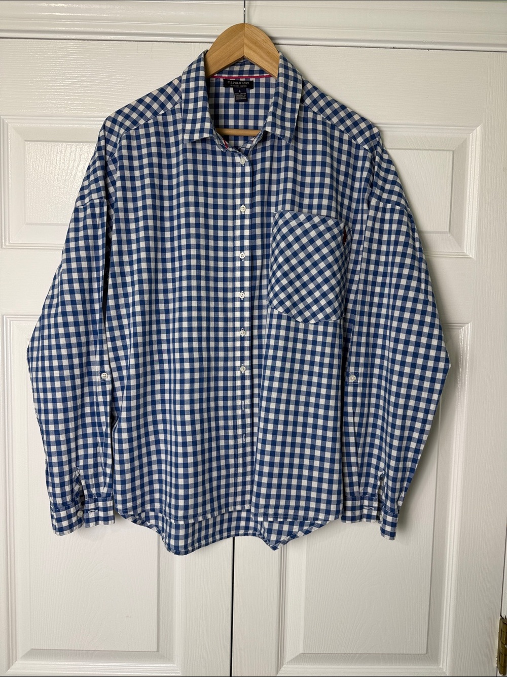 U.S. Polo Assn. Size L Blue & White Gingham Shirt Americana 100% cotton